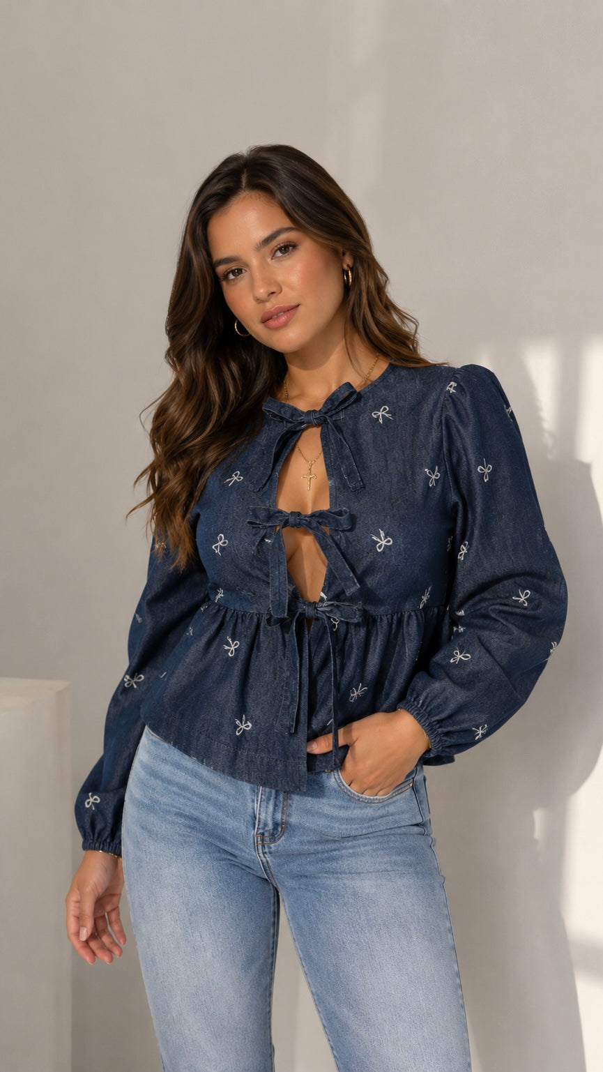 Triple Bow Blouse Denim