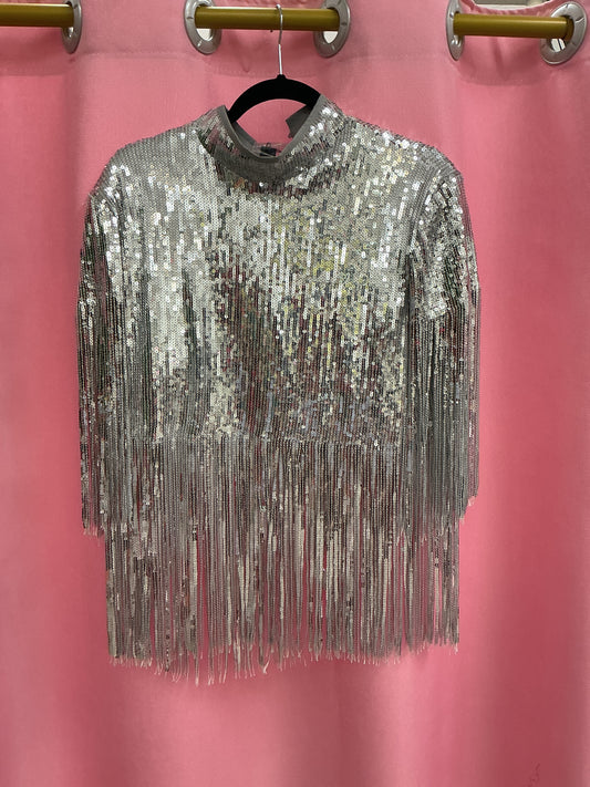 Blusa manga larga de lentejuelas con flequillo