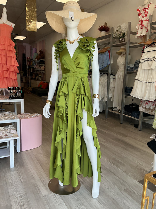 Vestido de Satén Color Verde 3 capas