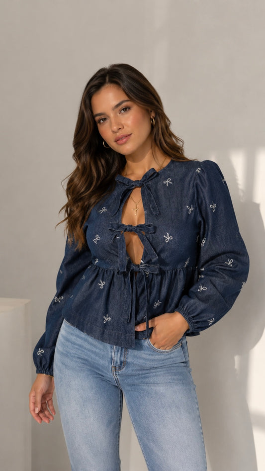 Triple Bow Blouse Denim