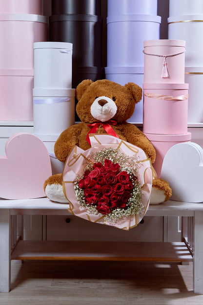Buchón of Red Roses with Teddy Bear | Luxury Gift Set
